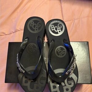 BCBG Black Jelly Flip Flops with Silver Chain Accent
